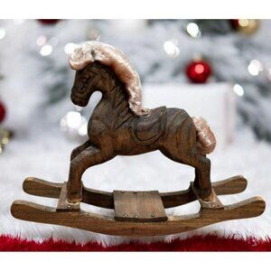 Vintage Hand Carved Wood Rocking Horse Fur Rustic Christmas Holiday Folk Art 7"